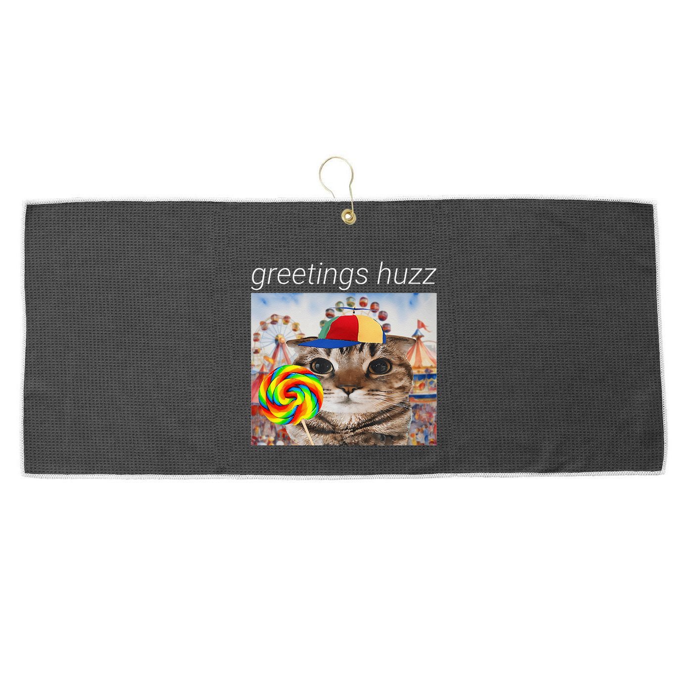 Greetings Huzz Funny Gen Z Gen Alpha Silly Cat Lollipop Meme Large Microfiber Waffle Golf Towel