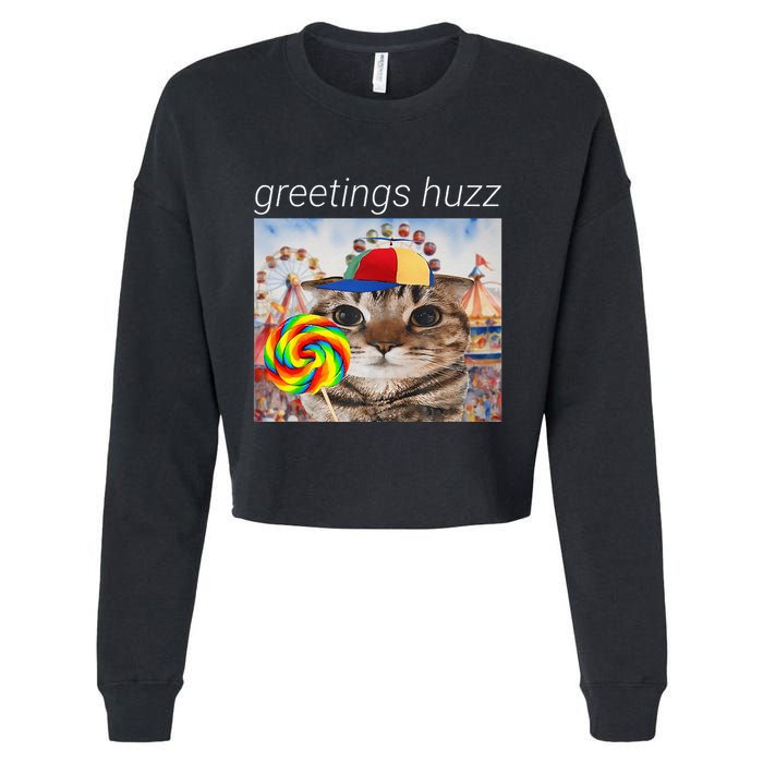 Greetings Huzz Funny Gen Z Gen Alpha Silly Cat Lollipop Meme Cropped Pullover Crew