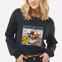 Greetings Huzz Funny Gen Z Gen Alpha Silly Cat Lollipop Meme Cropped Pullover Crew