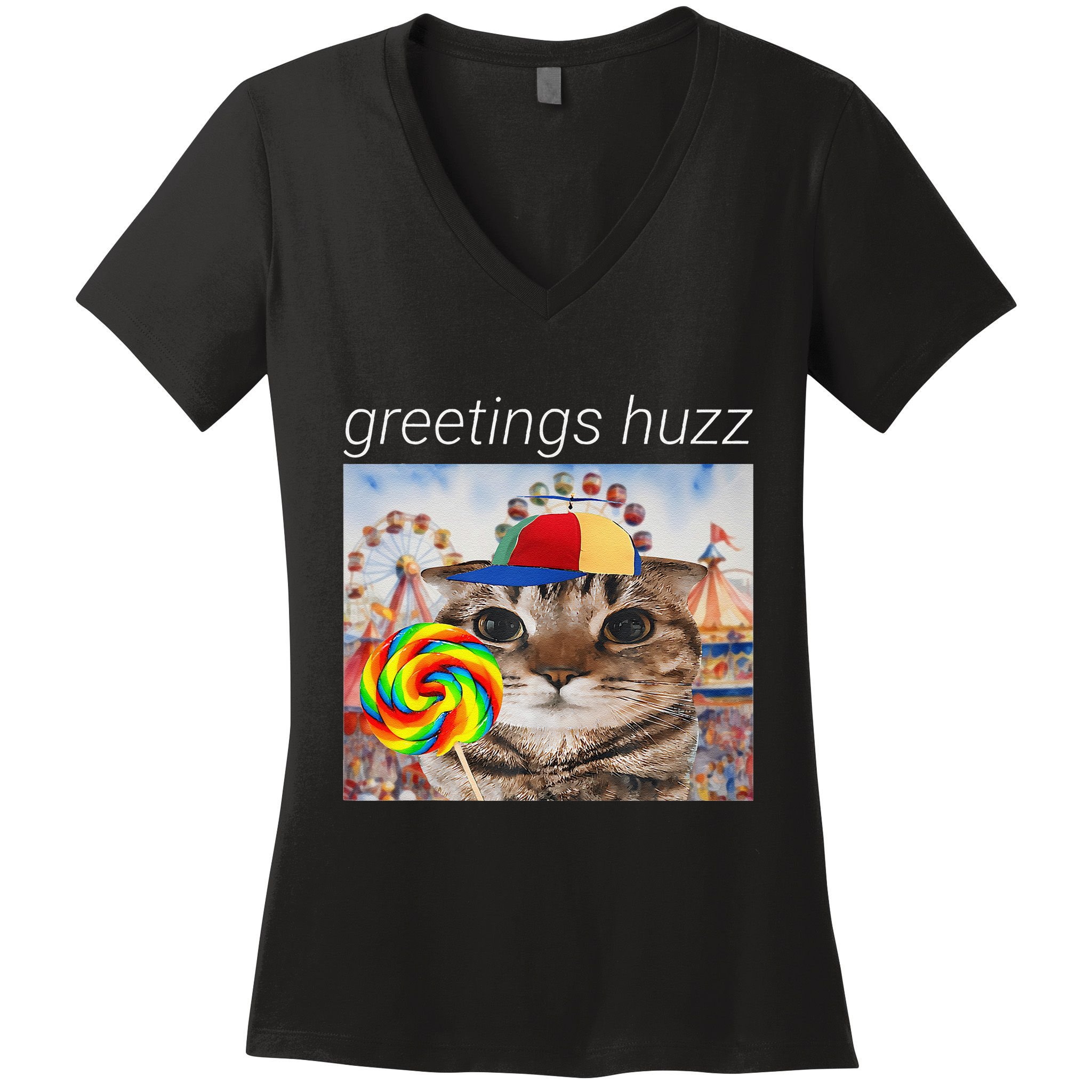 Greetings Huzz Funny Gen Z Gen Alpha Silly Cat Lollipop Meme Women's V-Neck T-Shirt
