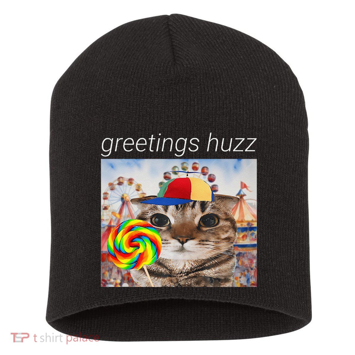 Greetings Huzz Funny Gen Z Gen Alpha Silly Cat Lollipop Meme Short Acrylic Beanie