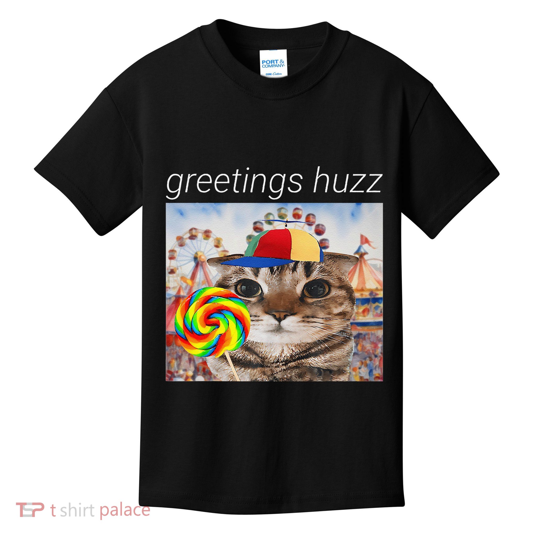 Greetings Huzz Funny Gen Z Gen Alpha Silly Cat Lollipop Meme Kids T-Shirt