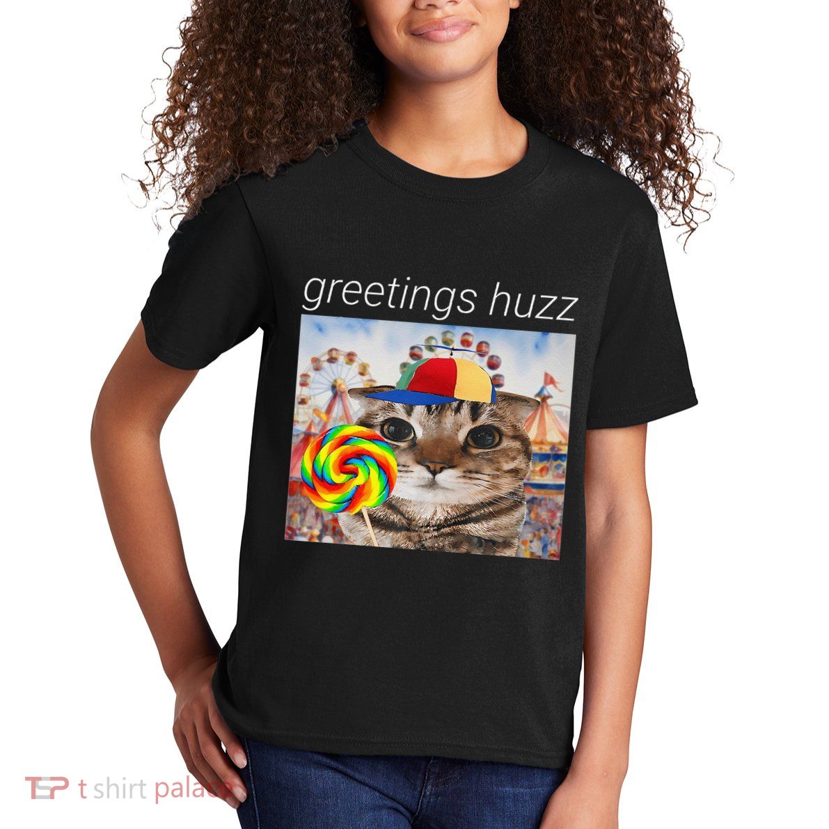 Greetings Huzz Funny Gen Z Gen Alpha Silly Cat Lollipop Meme Kids T-Shirt