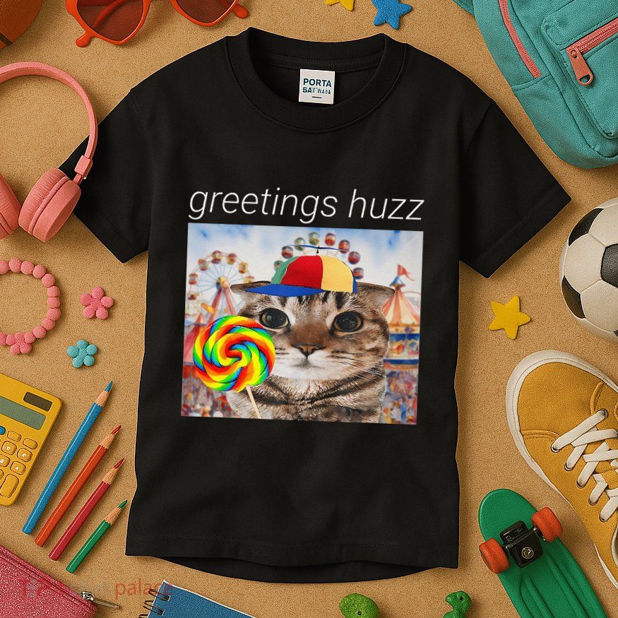 Greetings Huzz Funny Gen Z Gen Alpha Silly Cat Lollipop Meme Kids T-Shirt