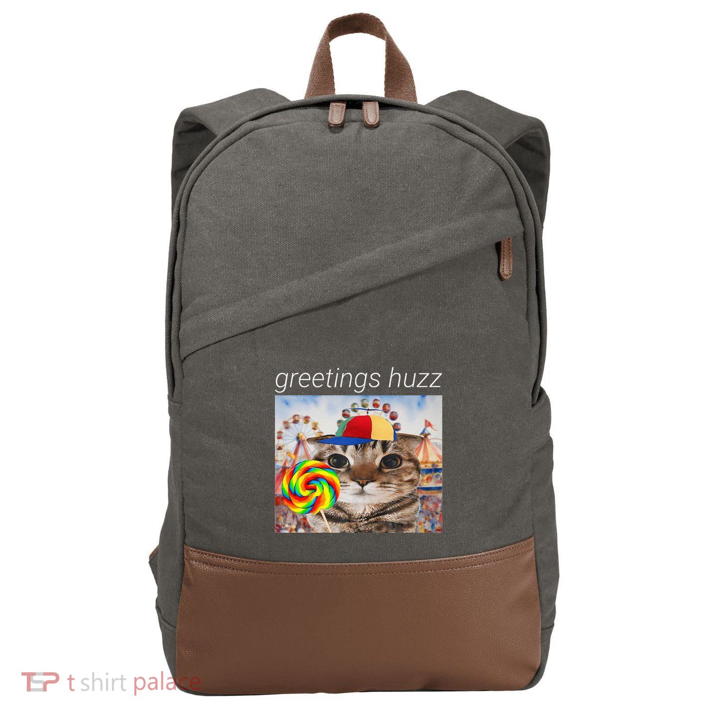 Greetings Huzz Funny Gen Z Gen Alpha Silly Cat Lollipop Meme Cotton Canvas Backpack