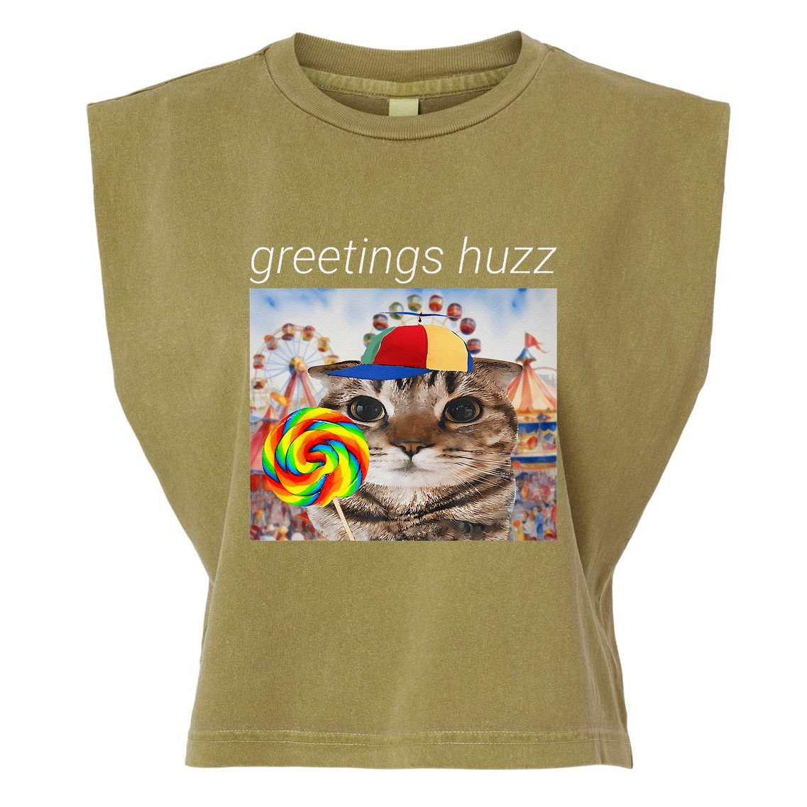 Greetings Huzz Funny Gen Z Gen Alpha Silly Cat Lollipop Meme Garment-Dyed Women's Muscle Tee