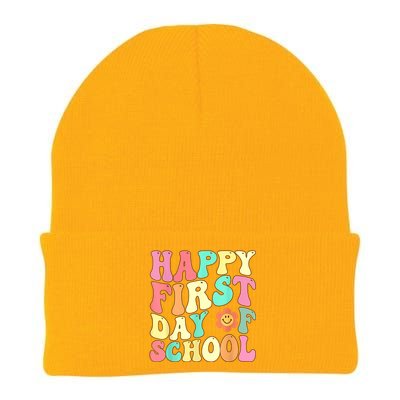 Groovy Happy First Day Of School Teacher Kids Back To School Knit Cap Winter Beanie