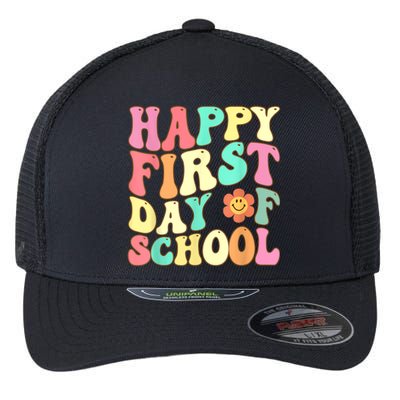 Groovy Happy First Day Of School Teacher Kids Back To School Flexfit Unipanel Trucker Cap