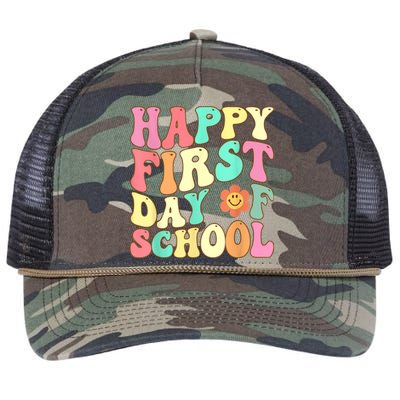 Groovy Happy First Day Of School Teacher Kids Back To School Retro Rope Trucker Hat Cap