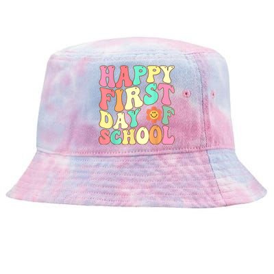 Groovy Happy First Day Of School Teacher Kids Back To School Tie-Dyed Bucket Hat