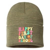 Groovy Happy First Day Of School Teacher Kids Back To School Sustainable Knit Beanie