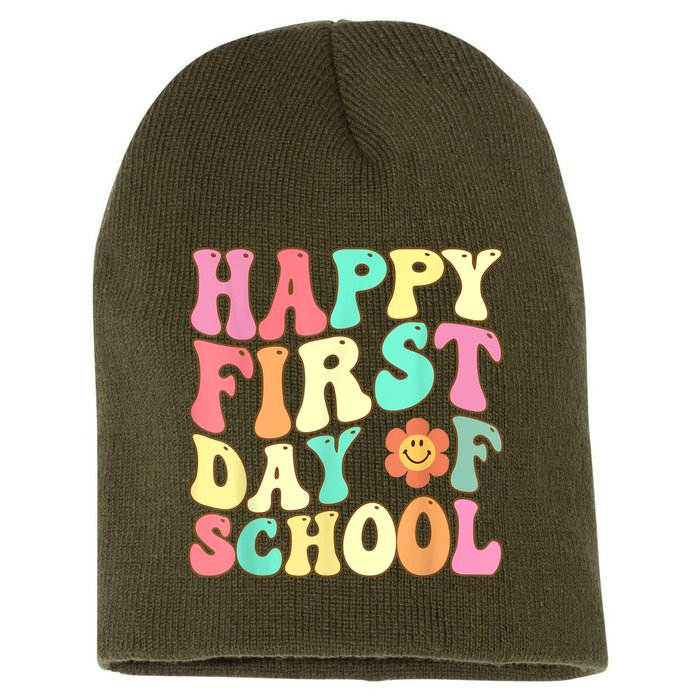 Groovy Happy First Day Of School Teacher Kids Back To School Short Acrylic Beanie