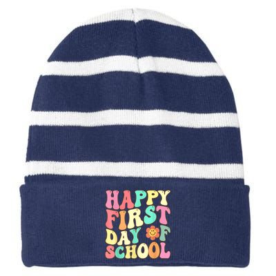 Groovy Happy First Day Of School Teacher Kids Back To School Striped Beanie with Solid Band