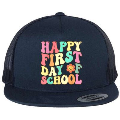 Groovy Happy First Day Of School Teacher Kids Back To School Flat Bill Trucker Hat