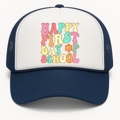 Groovy Happy First Day Of School Teacher Kids Back To School Trucker Hat