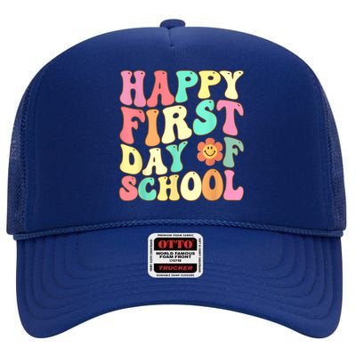 Groovy Happy First Day Of School Teacher Kids Back To School High Crown Mesh Back Trucker Hat