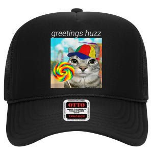 Greetings Huzz Funny Gen Z Gen Alpha Slang Meme High Crown Mesh Back Trucker Hat