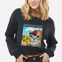 Greetings Huzz Funny Gen Z Gen Alpha Slang Meme Cropped Pullover Crew