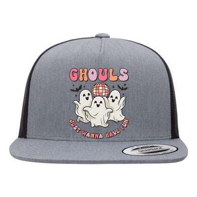 Groovy Halloween Ghouls Just Wanna Have Fun Dancing Ghost Flat Bill Trucker Hat