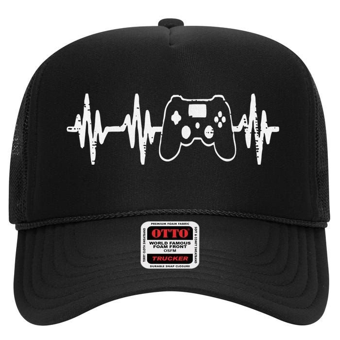 Gaming Heartbeat Game Controller Gamer Teen High Crown Mesh Back Trucker Hat