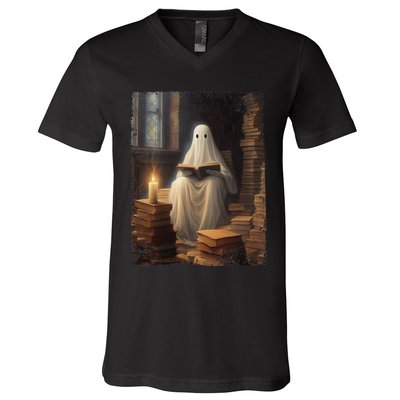 Gothic Halloween Ghost Reading Book Window Dark Academia V-Neck T-Shirt