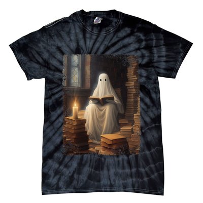 Gothic Halloween Ghost Reading Book Window Dark Academia Tie-Dye T-Shirt