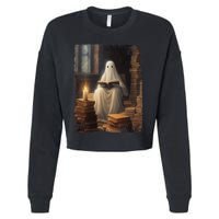 Gothic Halloween Ghost Reading Book Window Dark Academia Cropped Pullover Crew