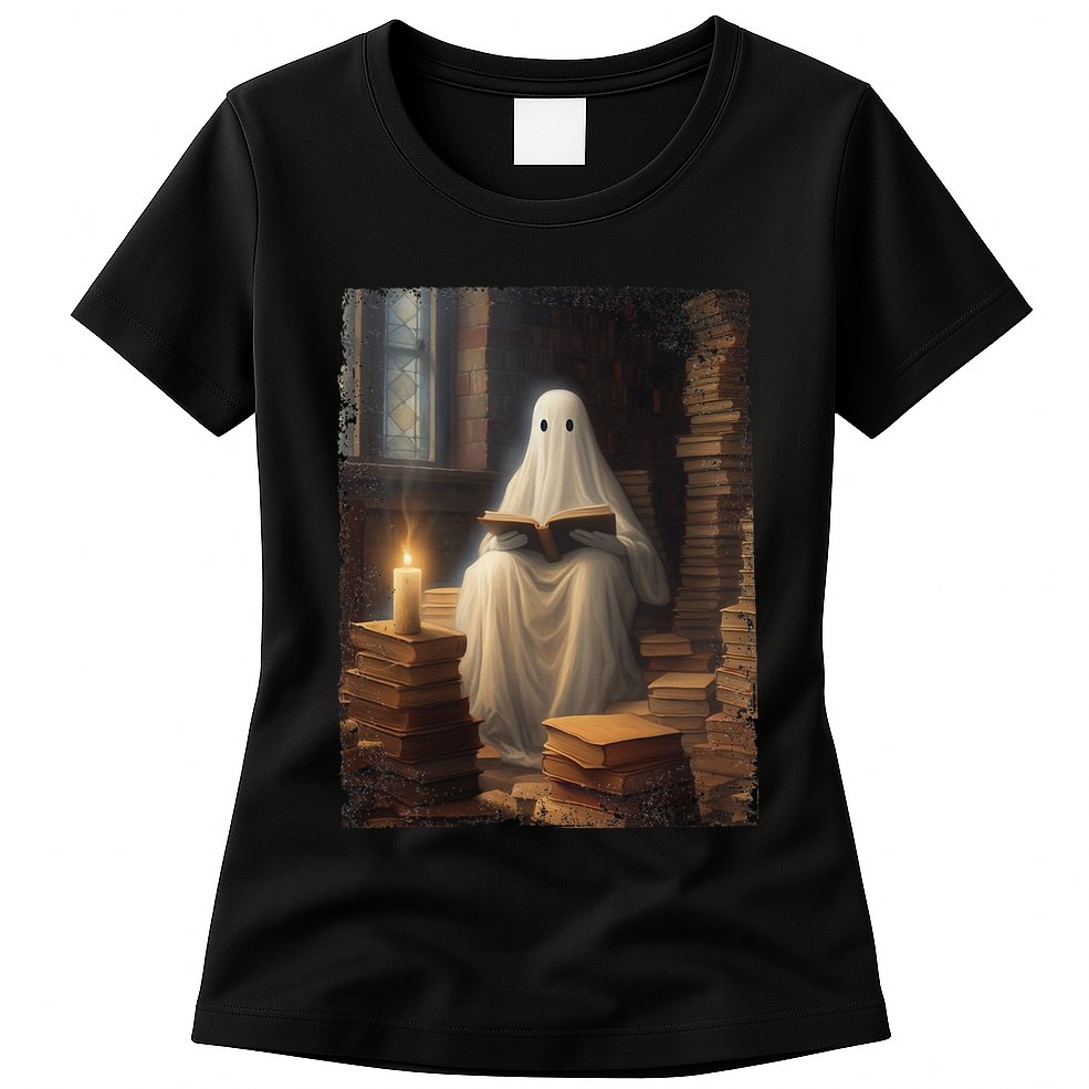Gothic Halloween Ghost Reading Book Window Dark Academia Womens T-Shirt