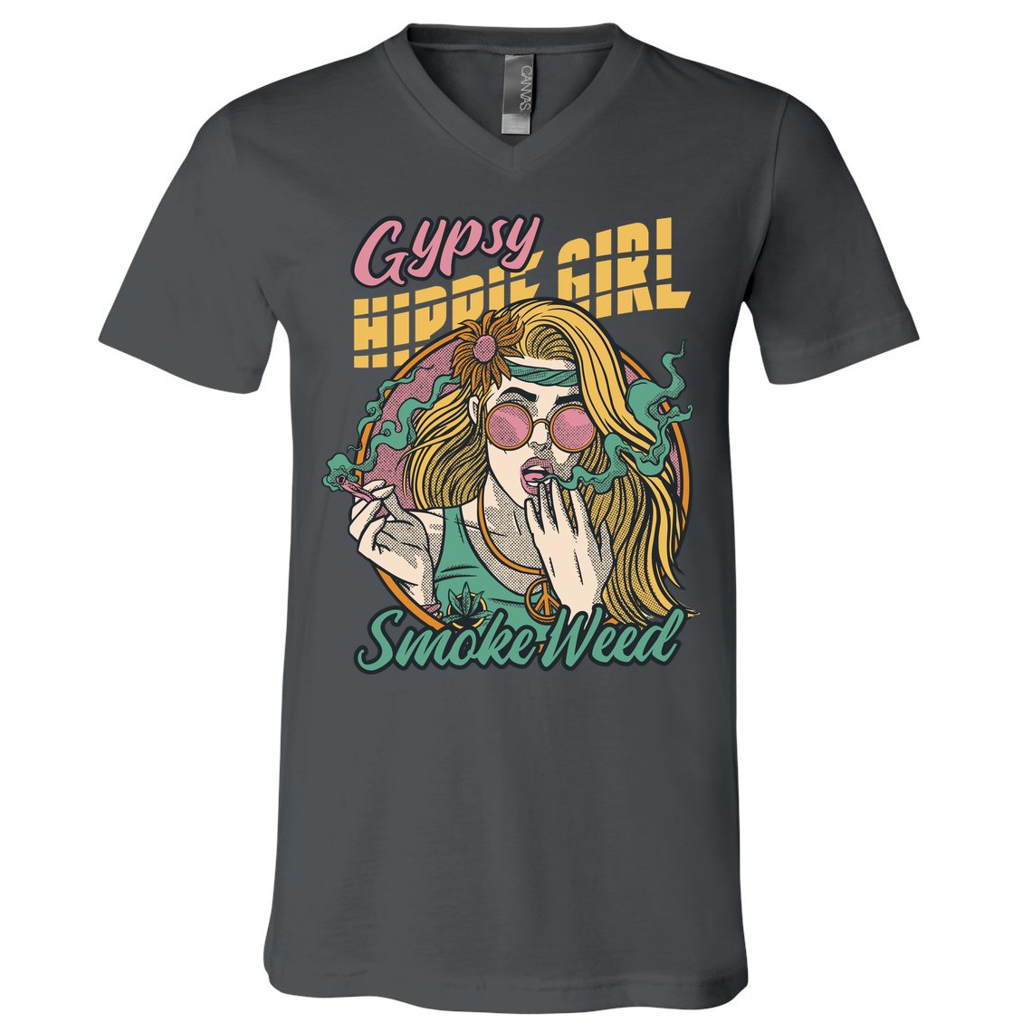 Gypsy Hippie Girl Smoke Weed Retro V-Neck T-Shirt