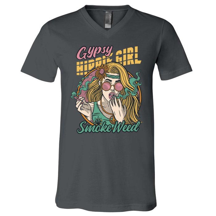 Gypsy Hippie Girl Smoke Weed Retro V-Neck T-Shirt