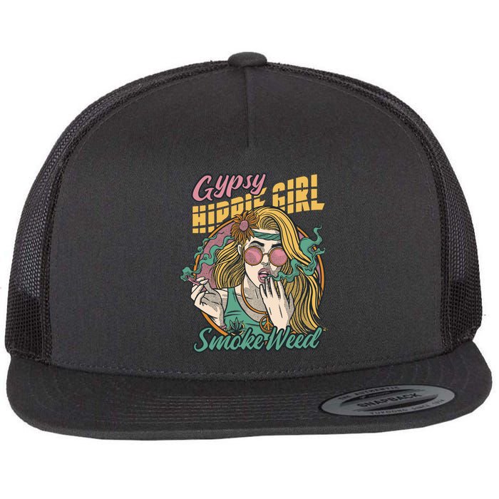 Gypsy Hippie Girl Smoke Weed Retro Flat Bill Trucker Hat