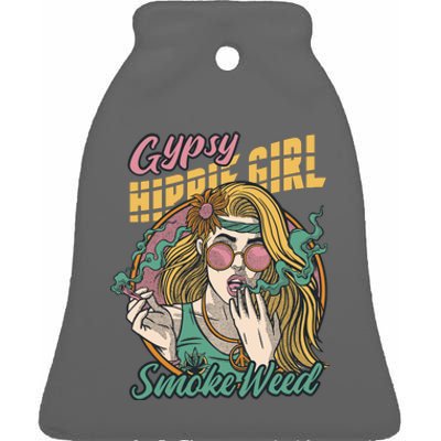 Gypsy Hippie Girl Smoke Weed Retro Ceramic Bell Ornament