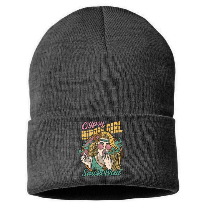 Gypsy Hippie Girl Smoke Weed Retro Sustainable Knit Beanie