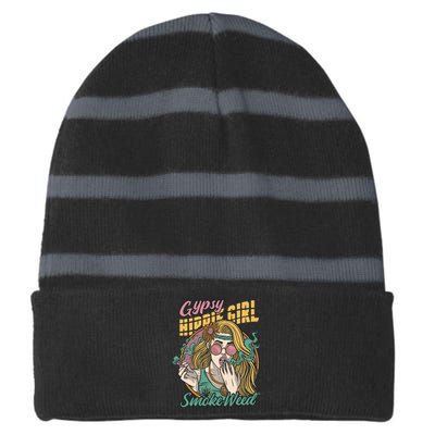 Gypsy Hippie Girl Smoke Weed Retro Striped Beanie with Solid Band