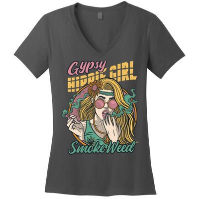 Gypsy Hippie Girl Smoke Weed Retro Women's V-Neck T-Shirt