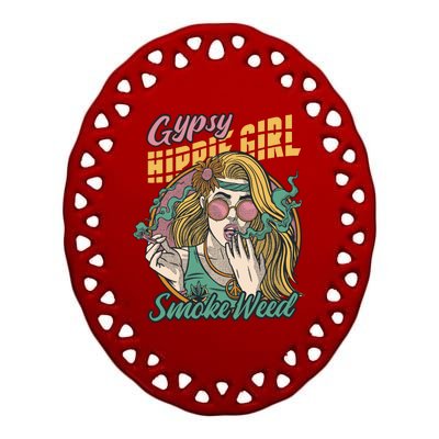 Gypsy Hippie Girl Smoke Weed Retro Ceramic Oval Ornament