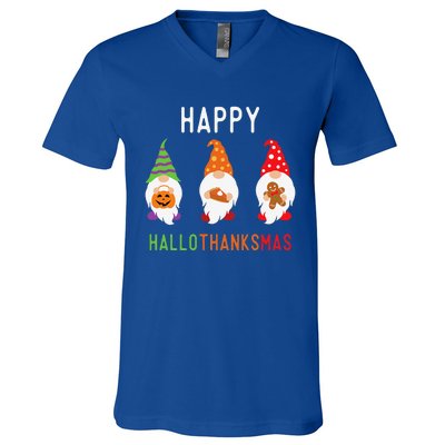 Gnomes Happy Hallothanksmas Halloween Thanksgiving Christmas V-Neck T-Shirt