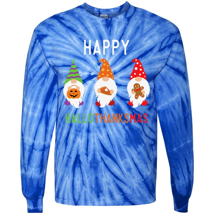 Gnomes Happy Hallothanksmas Halloween Thanksgiving Christmas Tie-Dye Long Sleeve Shirt