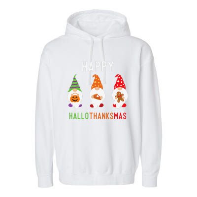 Gnomes Happy Hallothanksmas Halloween Thanksgiving Christmas Garment-Dyed Fleece Hoodie