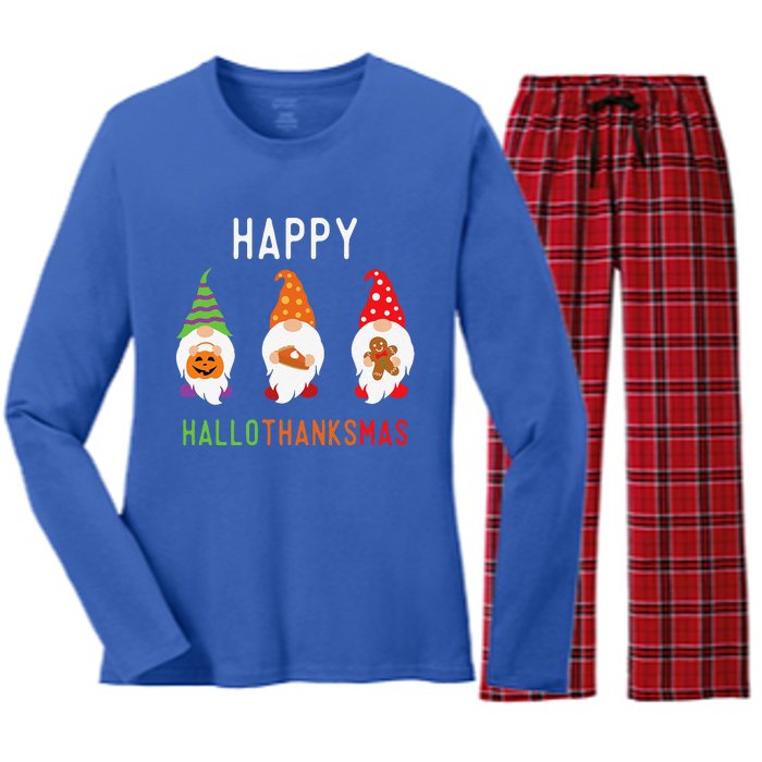 Gnomes Happy Hallothanksmas Halloween Thanksgiving Christmas Women's Long Sleeve Flannel Pajama Set 