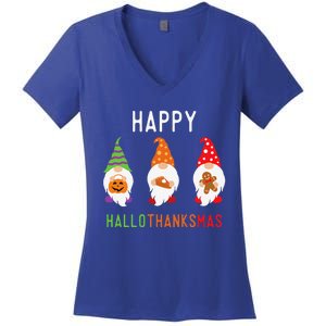 Gnomes Happy Hallothanksmas Halloween Thanksgiving Christmas Women's V-Neck T-Shirt