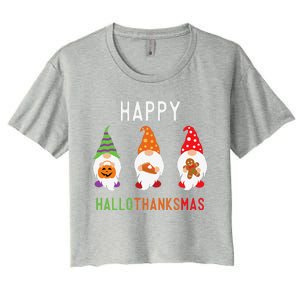 Gnomes Happy Hallothanksmas Halloween Thanksgiving Christmas Women's Crop Top Tee