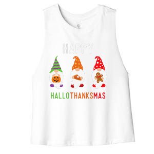 Gnomes Happy Hallothanksmas Halloween Thanksgiving Christmas Women's Racerback Cropped Tank