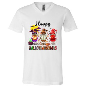 Gnomes Happy Hallothanksmas Halloween Thanksgiving Christmas Gift V-Neck T-Shirt