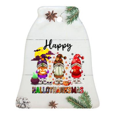 Gnomes Happy Hallothanksmas Halloween Thanksgiving Christmas Gift Ceramic Bell Ornament