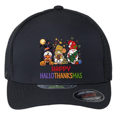 Gnomes Happy Hallothanksmas Halloween Thanksgivng Christmas Flexfit Unipanel Trucker Cap