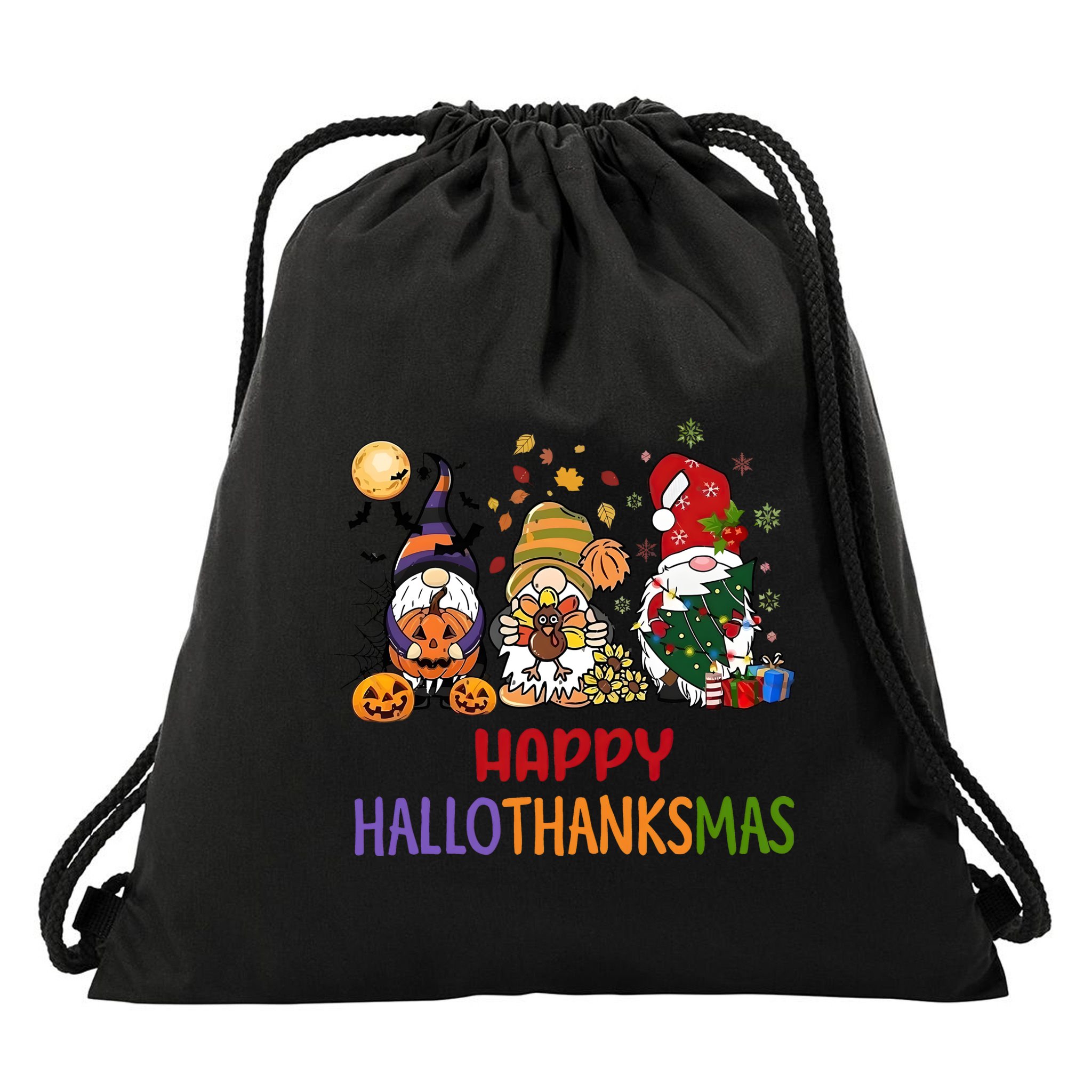 Gnomes Happy Hallothanksmas Halloween Thanksgivng Christmas Drawstring Bag