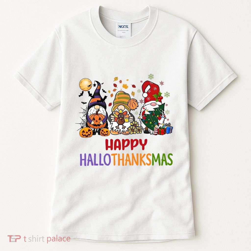 Gnomes Happy Hallothanksmas Halloween Thanksgivng Christmas Tall T-Shirt