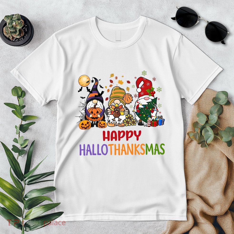 Gnomes Happy Hallothanksmas Halloween Thanksgivng Christmas Premium T-Shirt