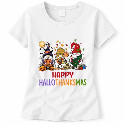 Gnomes Happy Hallothanksmas Halloween Thanksgivng Christmas Womens T-Shirt